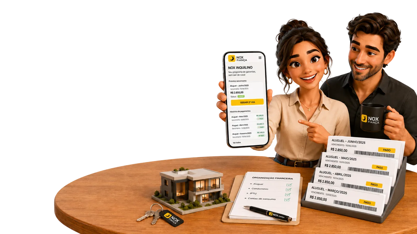 Personagens NOX Fianca apresentando o app do inquilino com faturas, casa e chaves